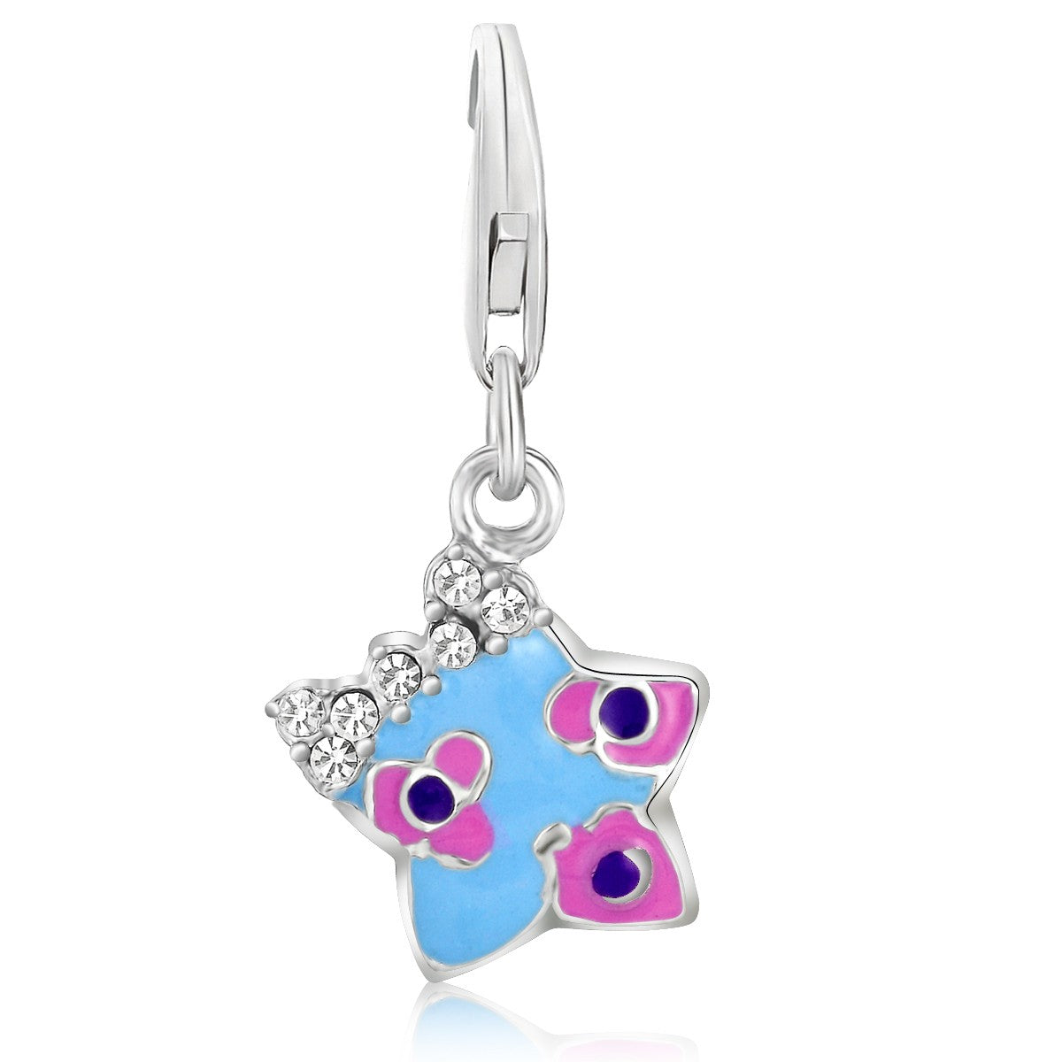 Sterling Silver Star Multi Color Enameled and White Tone Crystal Accented Charm