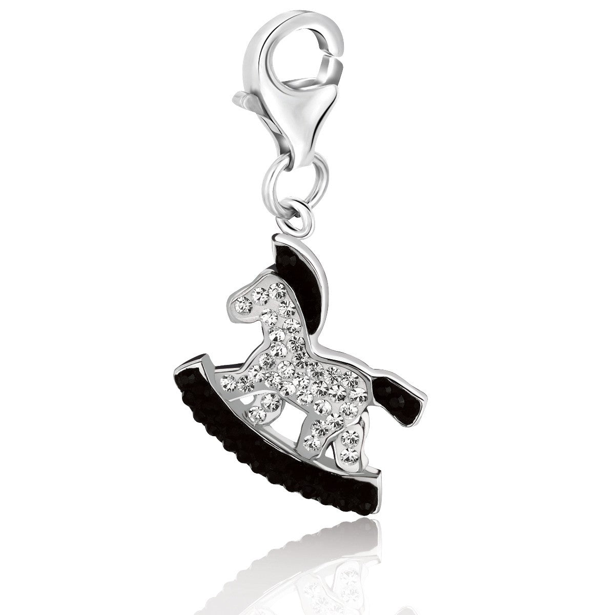 Sterling Silver Rocking Horse Charm with Black and White Crystal Accents