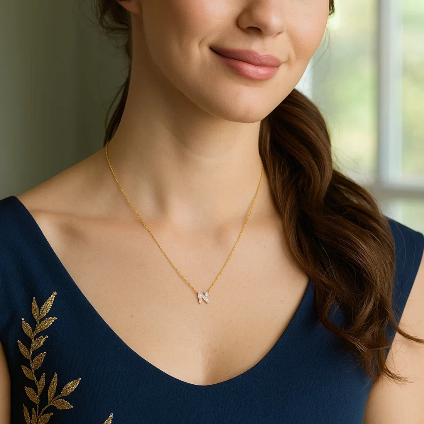 14K Yellow Gold Mini Diamond N Initial Pendant Necklace