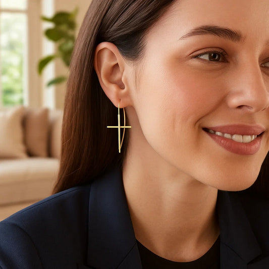 14K Yellow Gold Cross Thread Drop Earrings