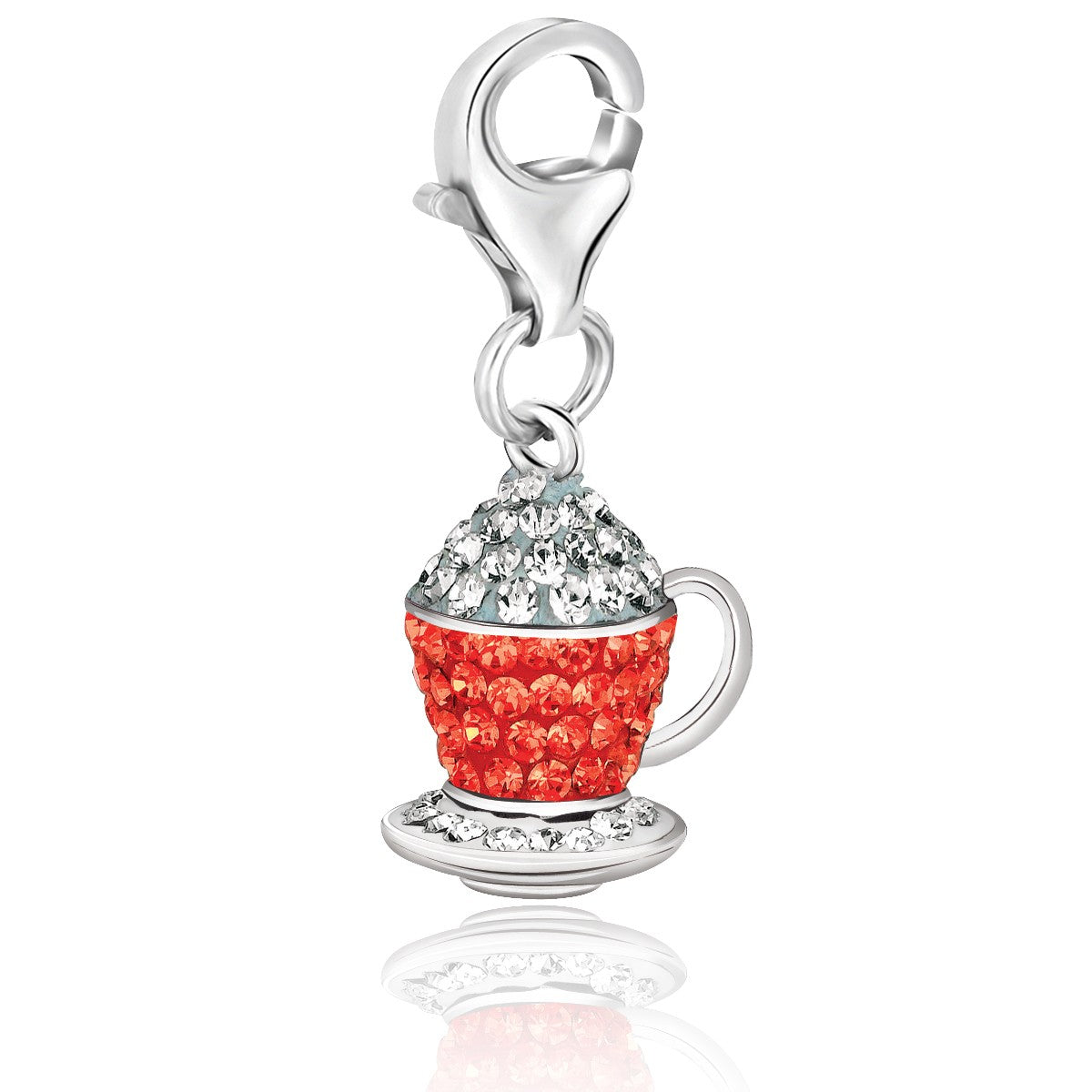 Sterling Silver Tea Cup Charm with White and Red Tone Crystal Accents