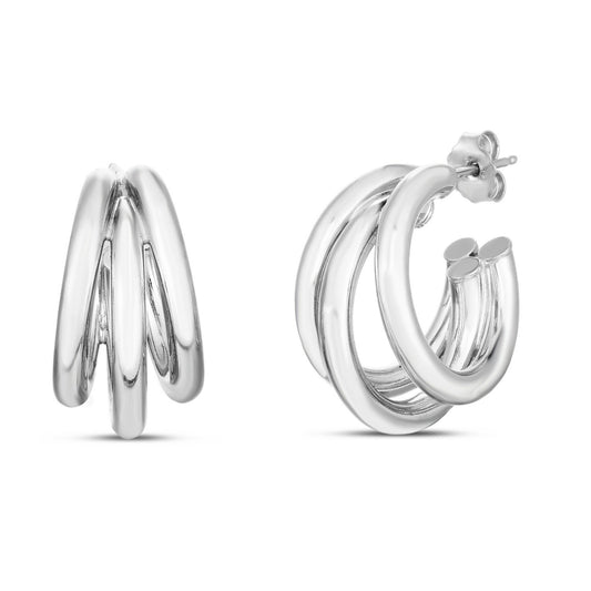 Sterling Silver Triple Barrelled Strand Hoop Earrings