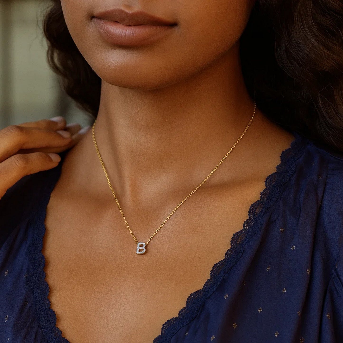 14K Yellow Gold Mini Diamond B Initial Pendant Necklace