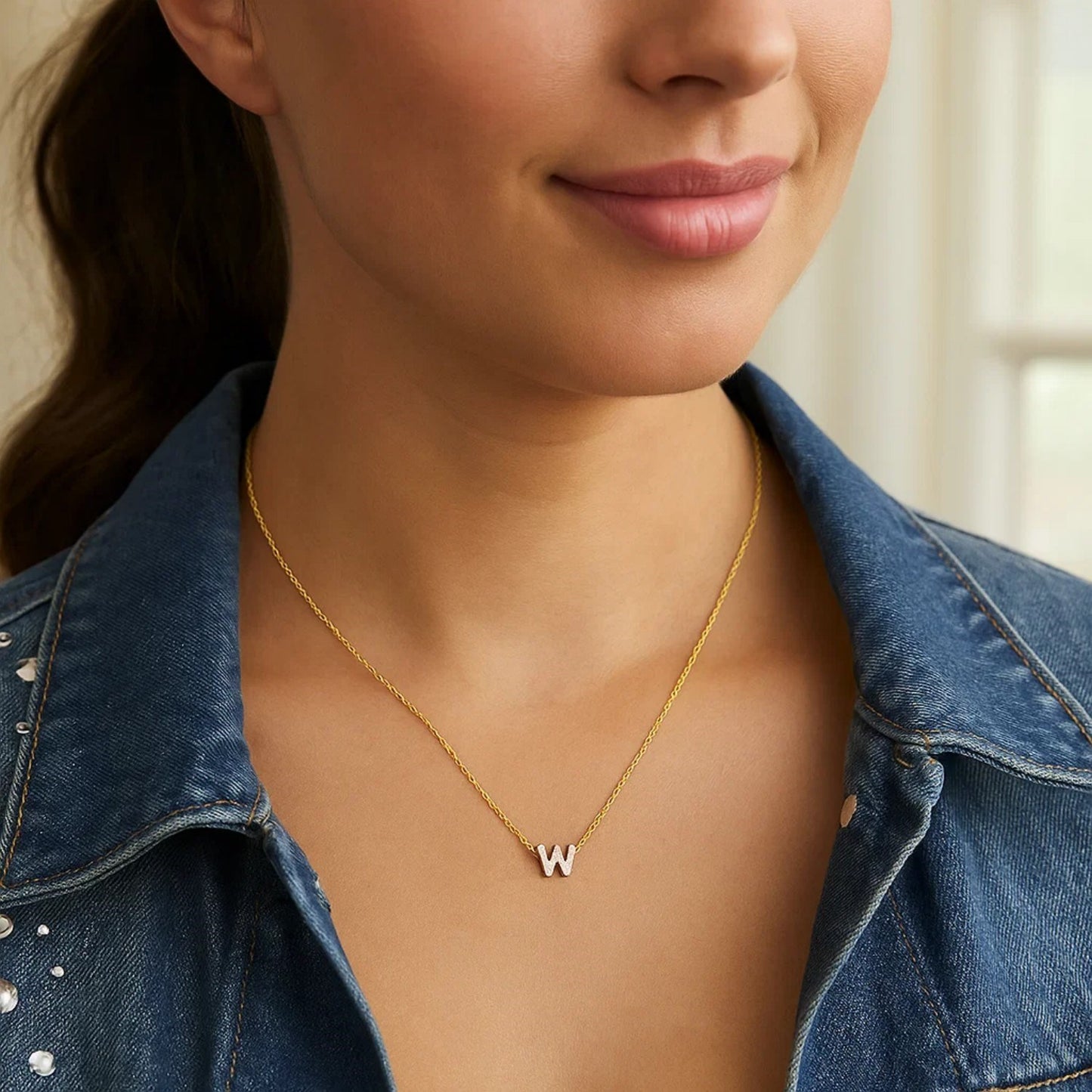 14K Yellow Gold Mini Diamond W Initial Pendant Necklace