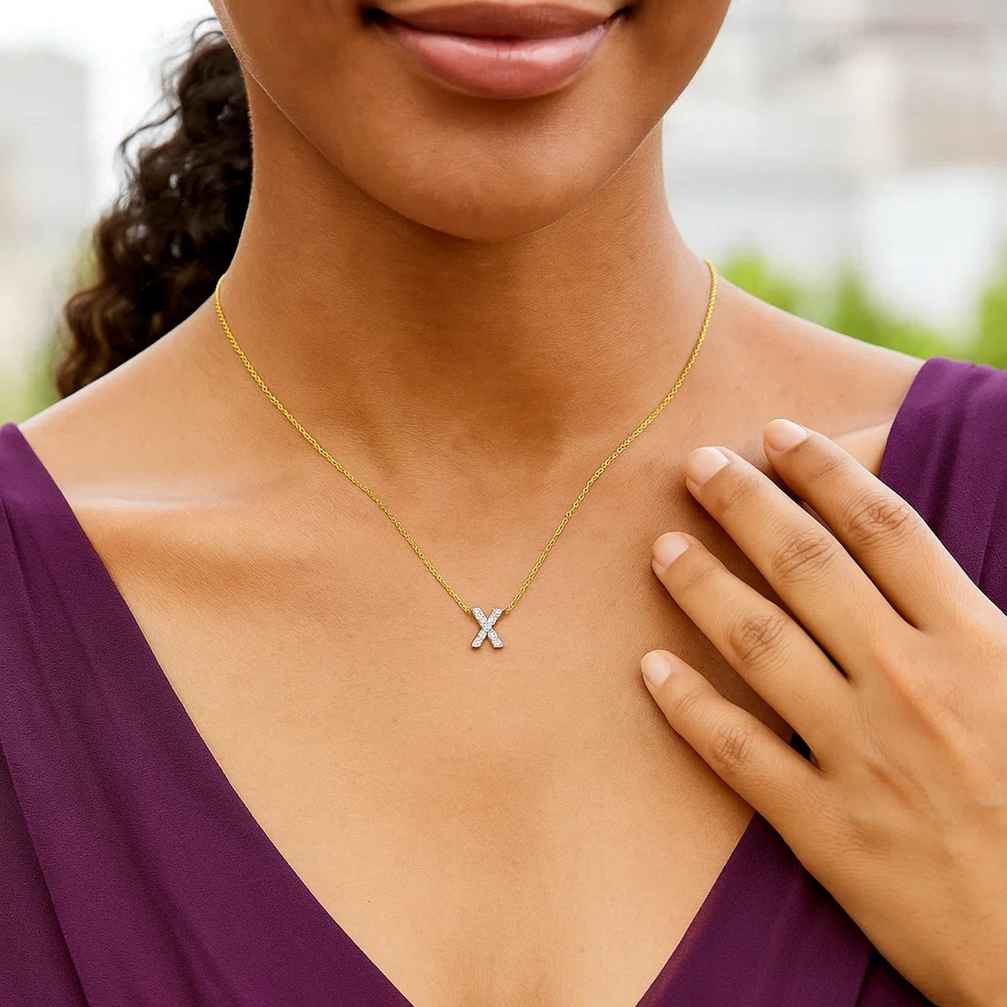 14K Yellow Gold Mini Diamond X Initial Pendant Necklace