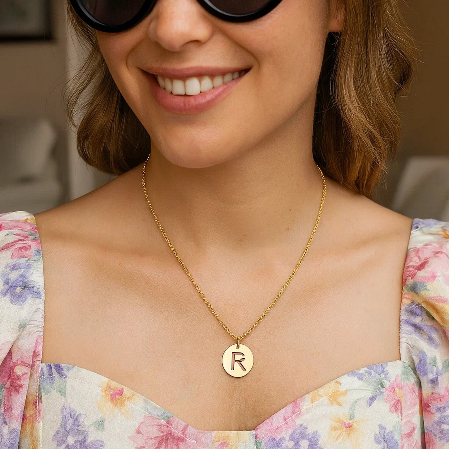 14K Yellow Gold Disc Initial R Pendant