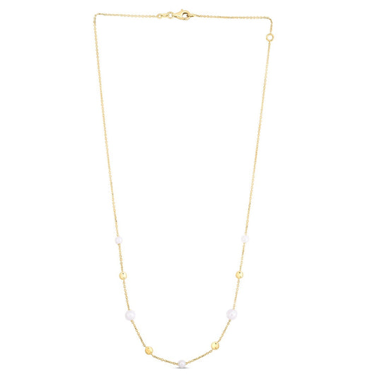 14K Yellow Gold Pearl Bead Tin Cup Station Necklace