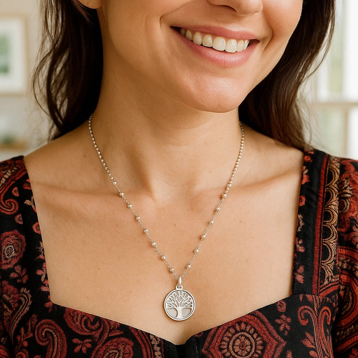 Sterling Silver Rhodium Plated Tree of Life Pendant Necklace