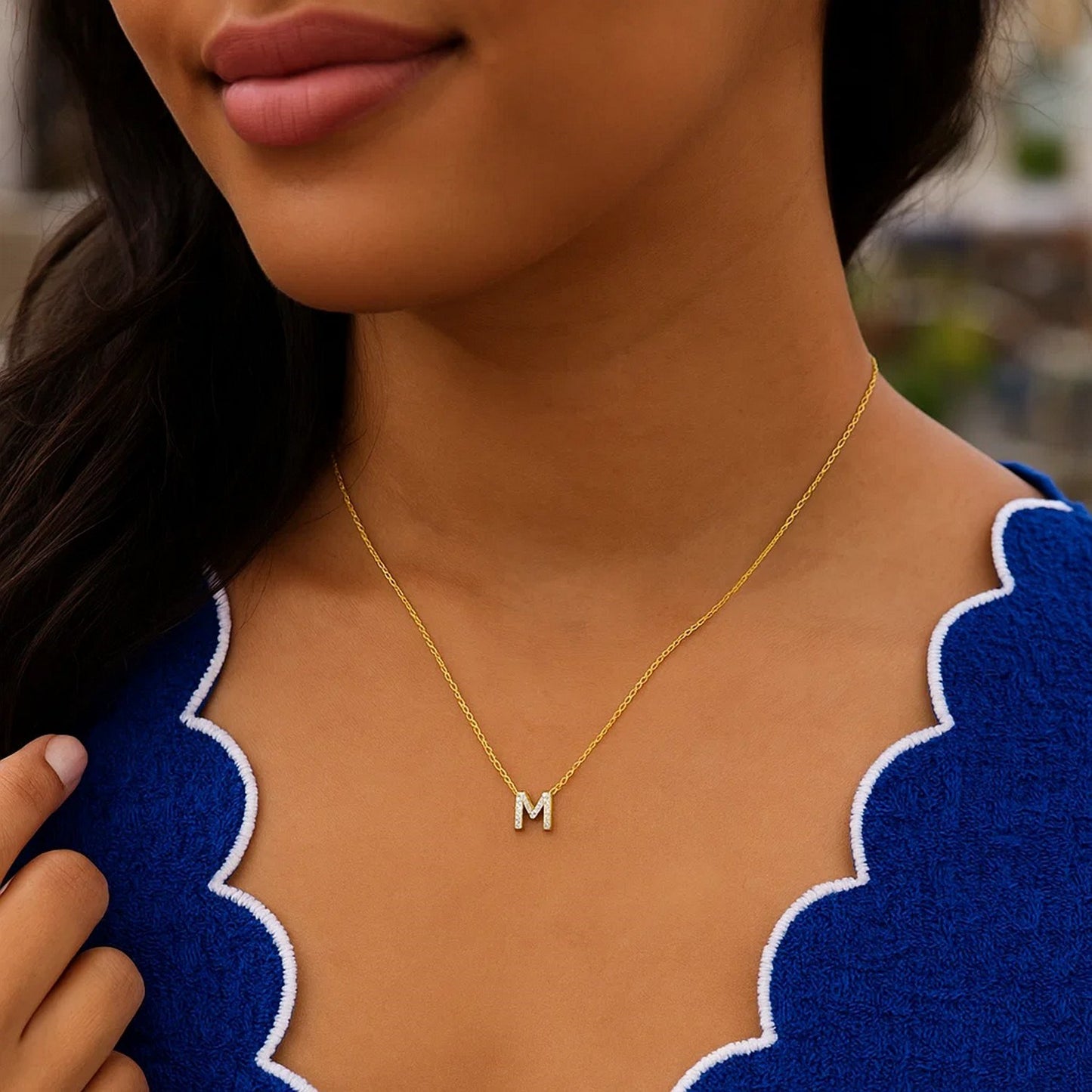 14K Yellow Gold Mini Diamond M Initial Pendant Necklace