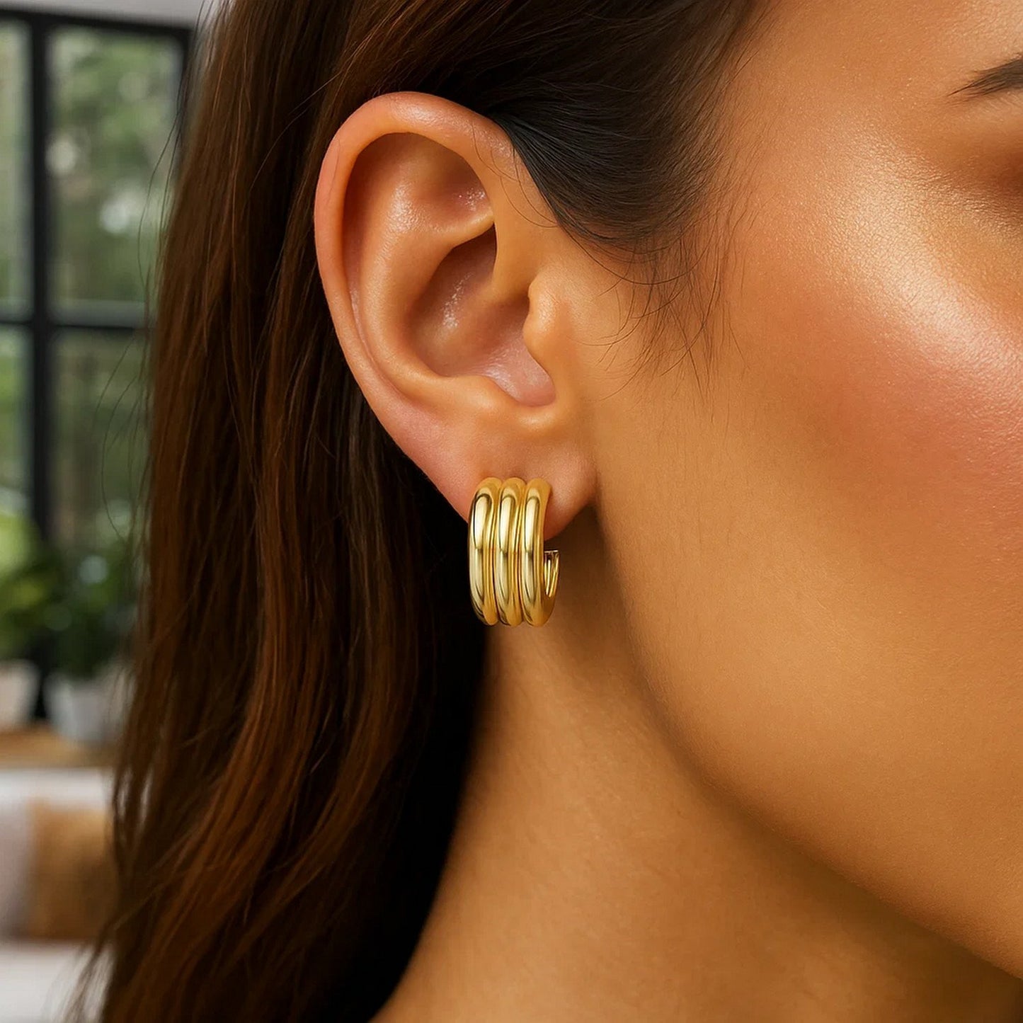 Sterling Silver Yellow Gold Plated Triple Row C Hoop Earrings