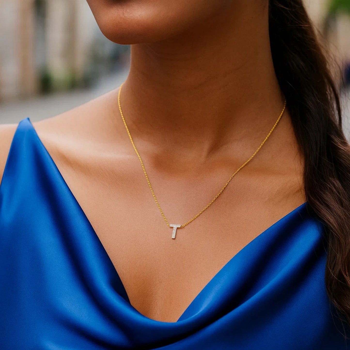 14K Yellow Gold Mini Diamond T Initial Pendant Necklace