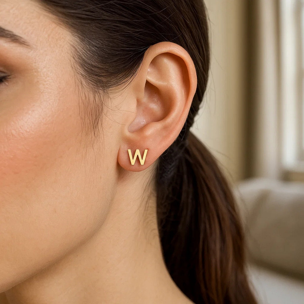 14K Yellow Gold Yours Truly Initial W Stud Earrings