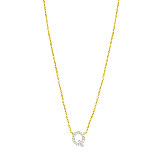 14K Yellow Gold Mini Diamond Q Initial Pendant Necklace