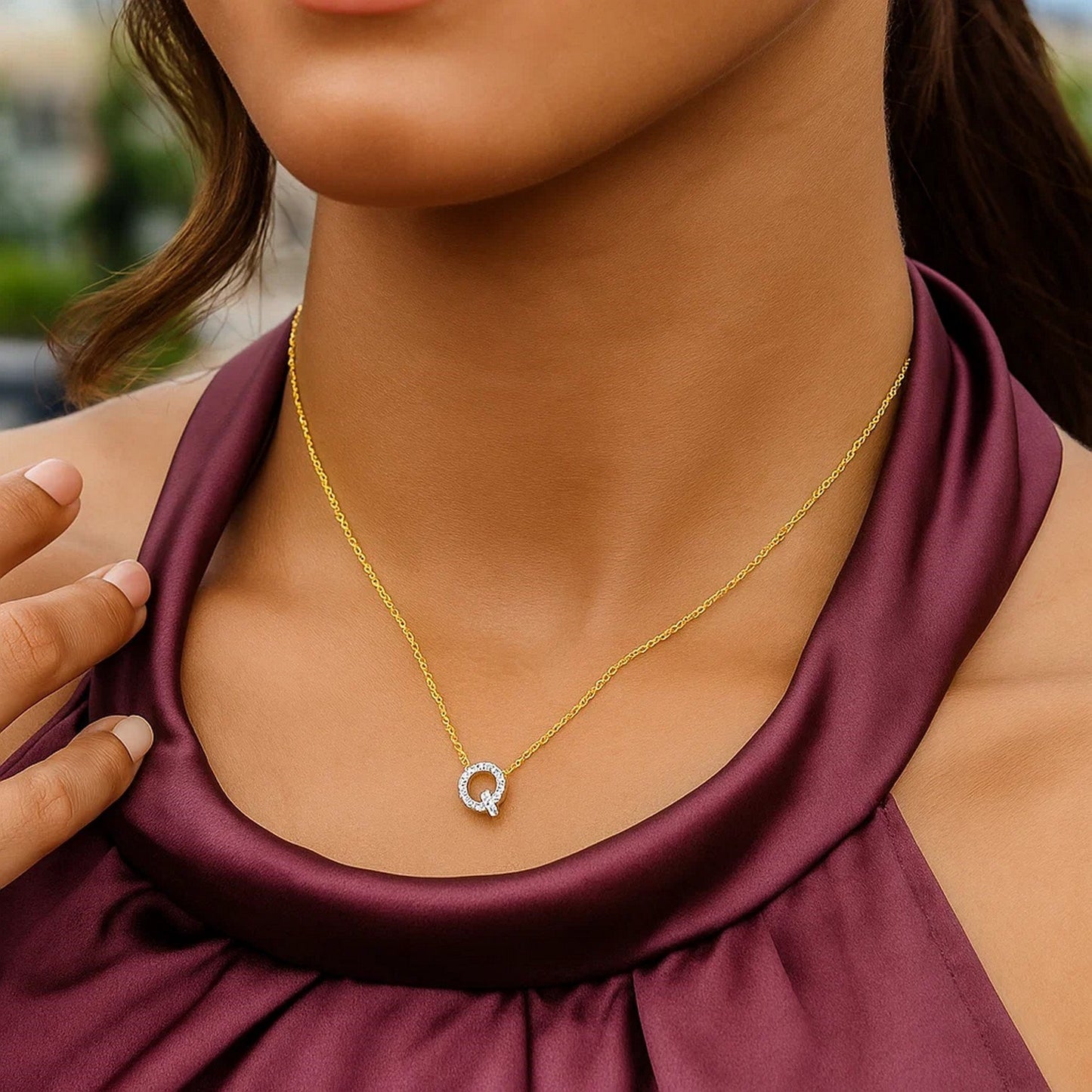 14K Yellow Gold Mini Diamond Q Initial Pendant Necklace