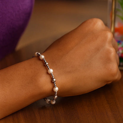 Sterling Silver Rhodium Plated Pearl Bead Bracelet