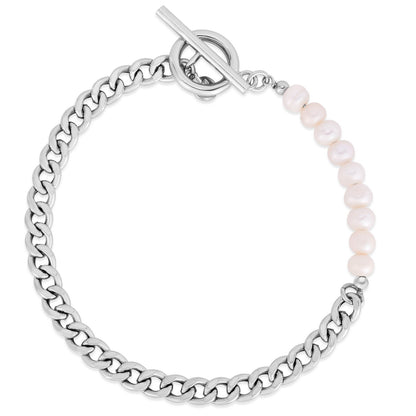 Sterling Silver Rhodium Plated Pearl Pearl Curb Toggle Bracelet (4.50 mm)