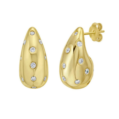 Sterling Silver Yellow Gold Plated Puffed Raindrop CZ Earrings