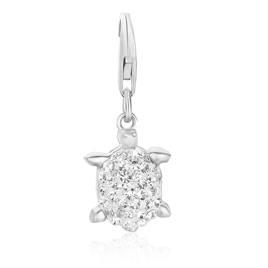 Sterling Silver White Tone Crystal Encrusted Tortoise Charm