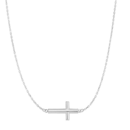 14K White Gold Diamond Cut Sideways Cross Necklace