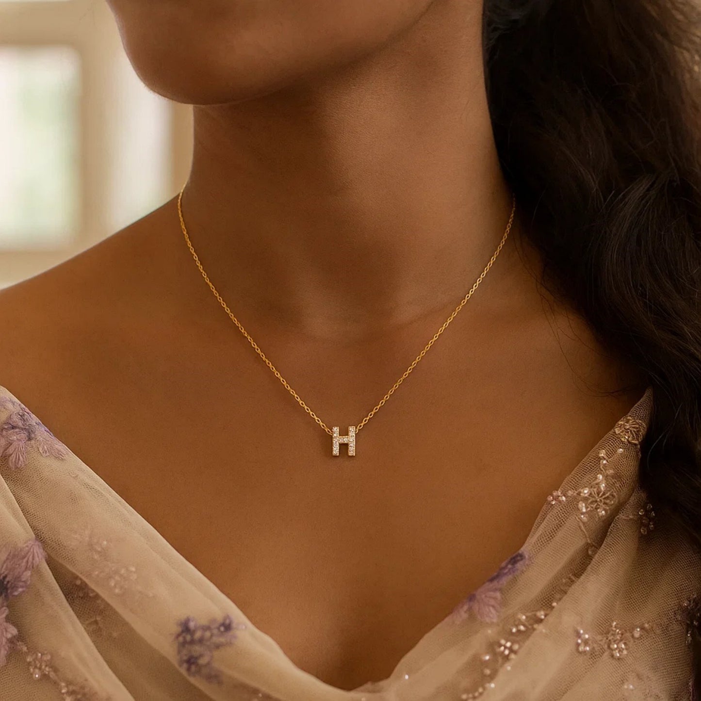 14K Yellow Gold Mini Diamond H Initial Pendant Necklace