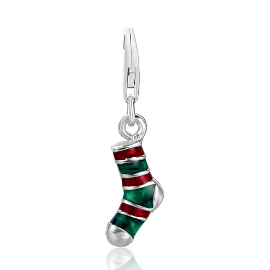 Sterling Silver Stocking Charm in Red and Green Enamel Coating