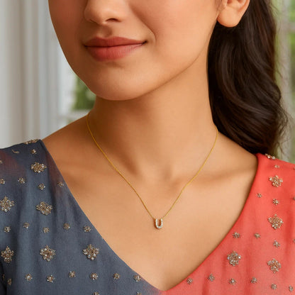 14K Yellow Gold Mini Diamond U Initial Pendant Necklace