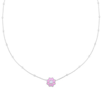 Sterling Silver Rhodium Plated Enamel Pink Flower Necklace