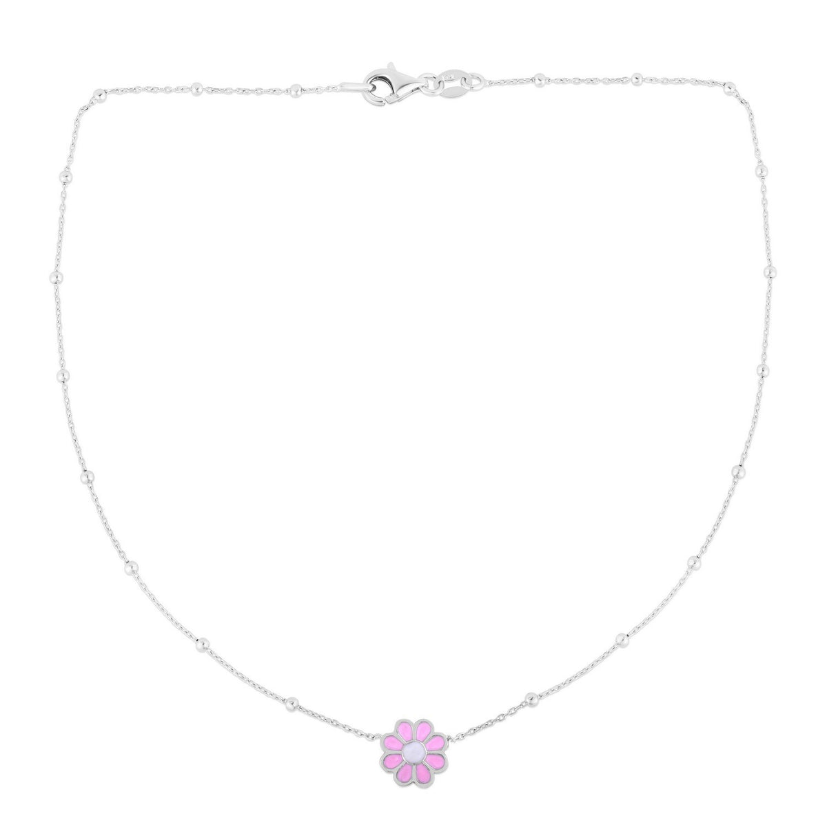 Sterling Silver Rhodium Plated Enamel Pink Flower Necklace