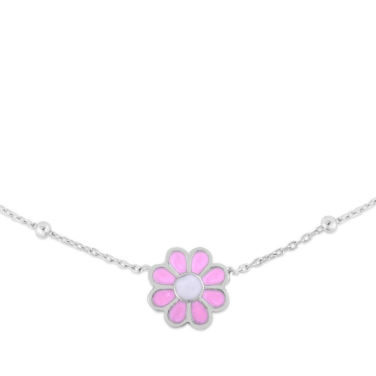 Sterling Silver Rhodium Plated Enamel Pink Flower Necklace