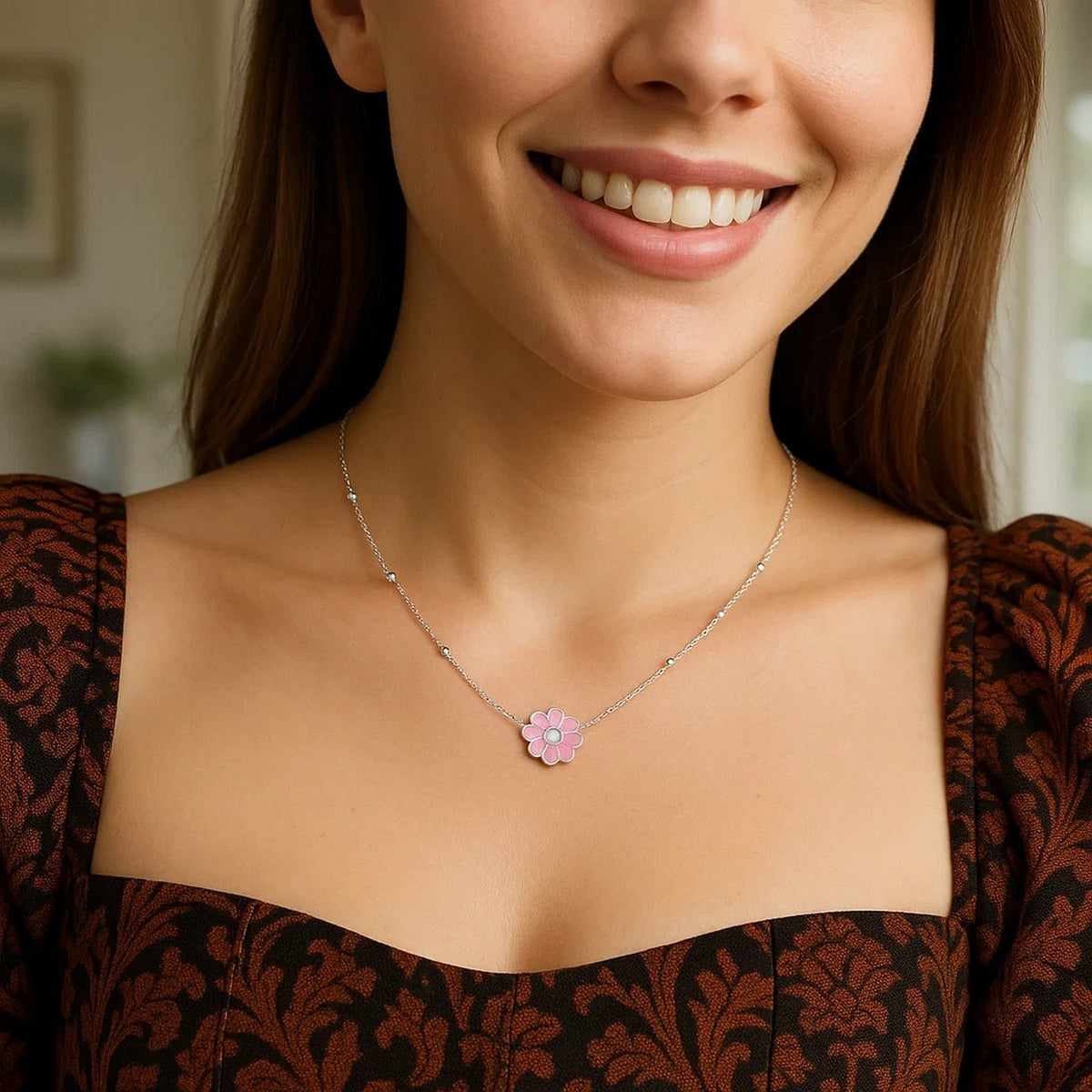 Sterling Silver Rhodium Plated Enamel Pink Flower Necklace