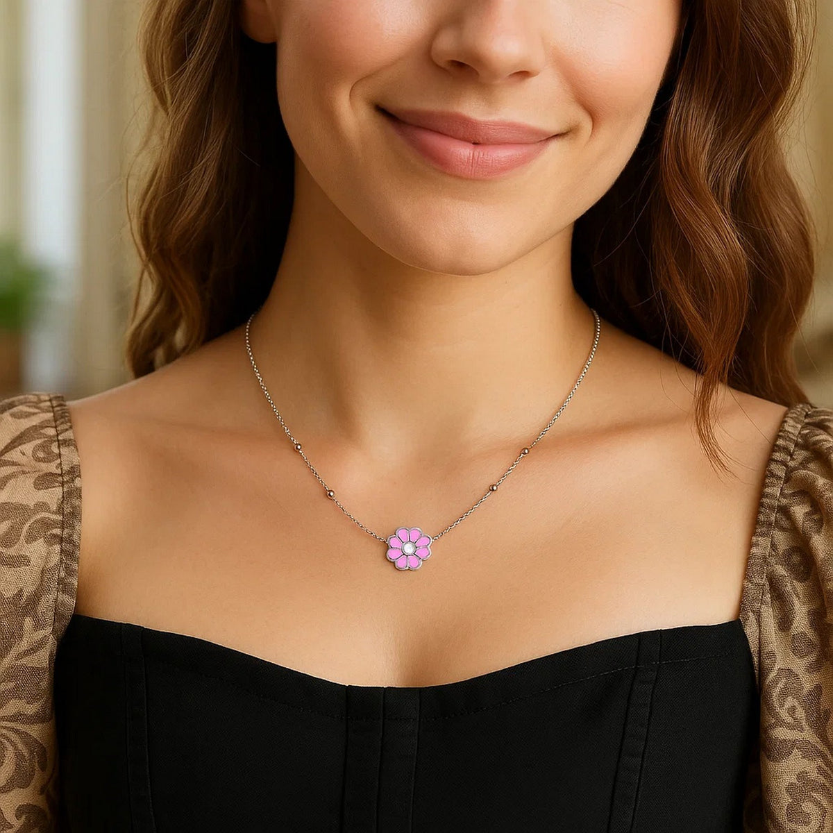 Sterling Silver Rhodium Plated Enamel Pink Flower Necklace