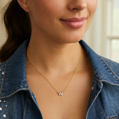 14K Yellow Gold Mini Diamond W Initial Pendant Necklace