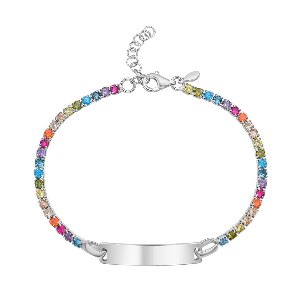 Sterling Silver Rhodium Plated Rainbow CZ ID Bracelet (2.70 mm)