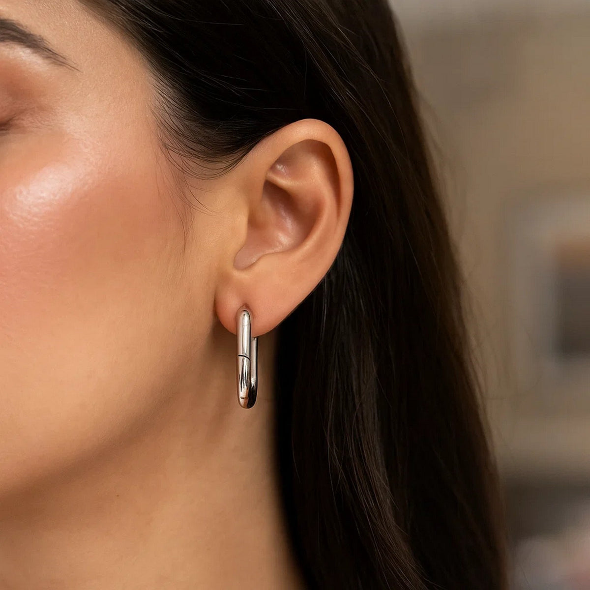 Sterling Silver Rhodium Plated Oval Hoop Earrings
