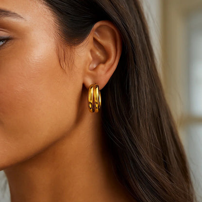 Sterling Silver Yellow Gold Plated Puffed Double Row Hoop Earrings