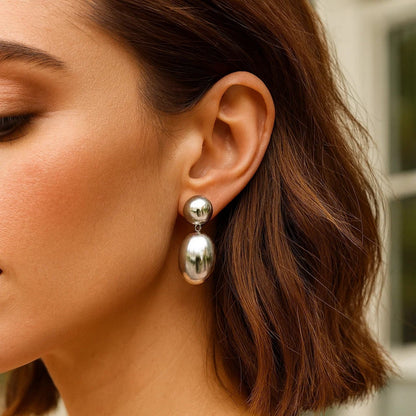 Sterling Silver Rhodium Plated Puffed Oval Double Button Drop Earrings
