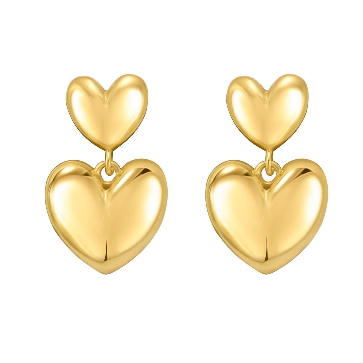 Sterling Silver Yellow Gold Plated Puffed Double Heart Drop Earrings
