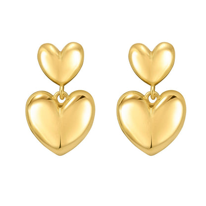 Sterling Silver Yellow Gold Plated Puffed Double Heart Drop Earrings