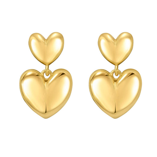 Sterling Silver Yellow Gold Plated Puffed Double Heart Drop Earrings