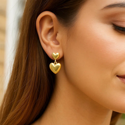 Sterling Silver Yellow Gold Plated Puffed Double Heart Drop Earrings