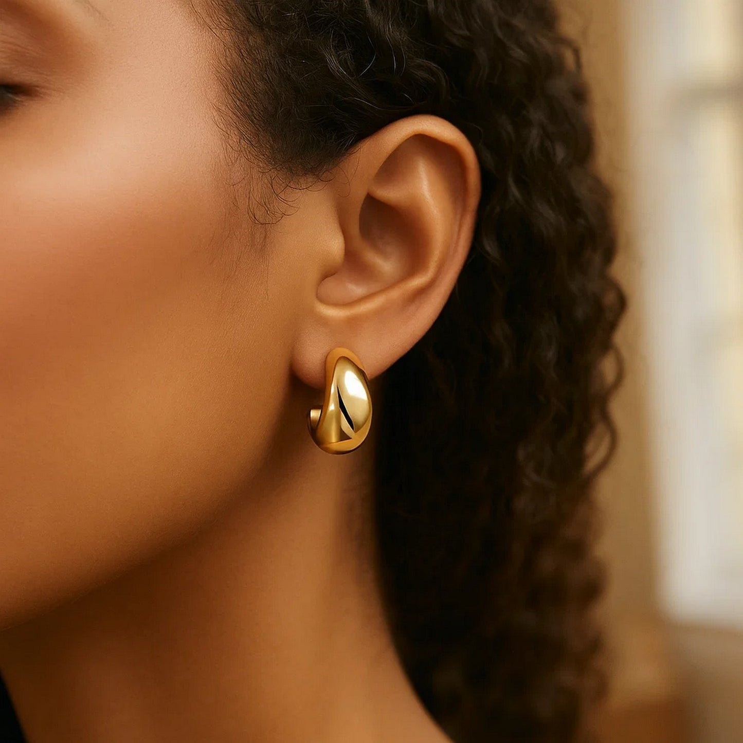 Sterling Silver Yellow Gold Plated Twisted Puff C Hoop Earrings