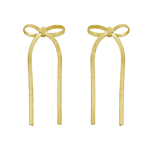 Sterling Silver Yellow Gold Plated Snake Chain Drop Dangle Bow Earrings