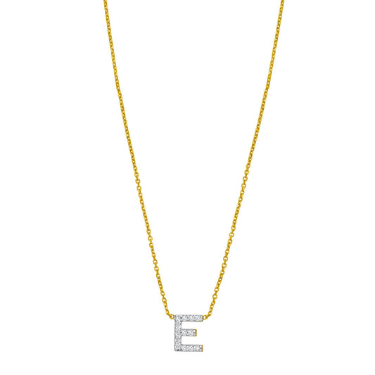 14K Yellow Gold Mini Diamond E Initial Pendant Necklace