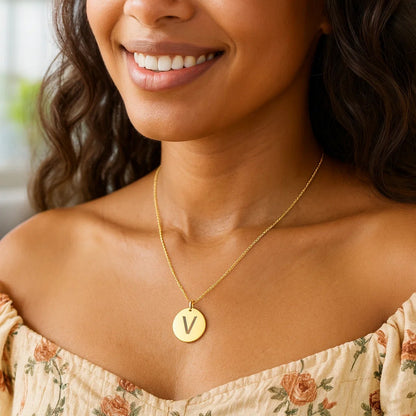 14K Yellow Gold Disc Initial V Pendant