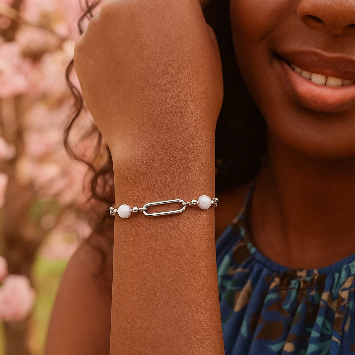Sterling Silver Rhodium Plated Pearl Paperclip Bracelet