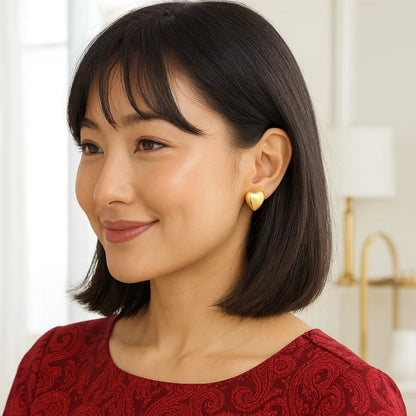 Sterling Silver Yellow Gold Plated Puffed Large Heart Stud Earrings