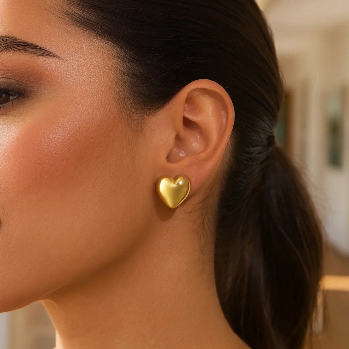 Sterling Silver Yellow Gold Plated Puffed Large Heart Stud Earrings