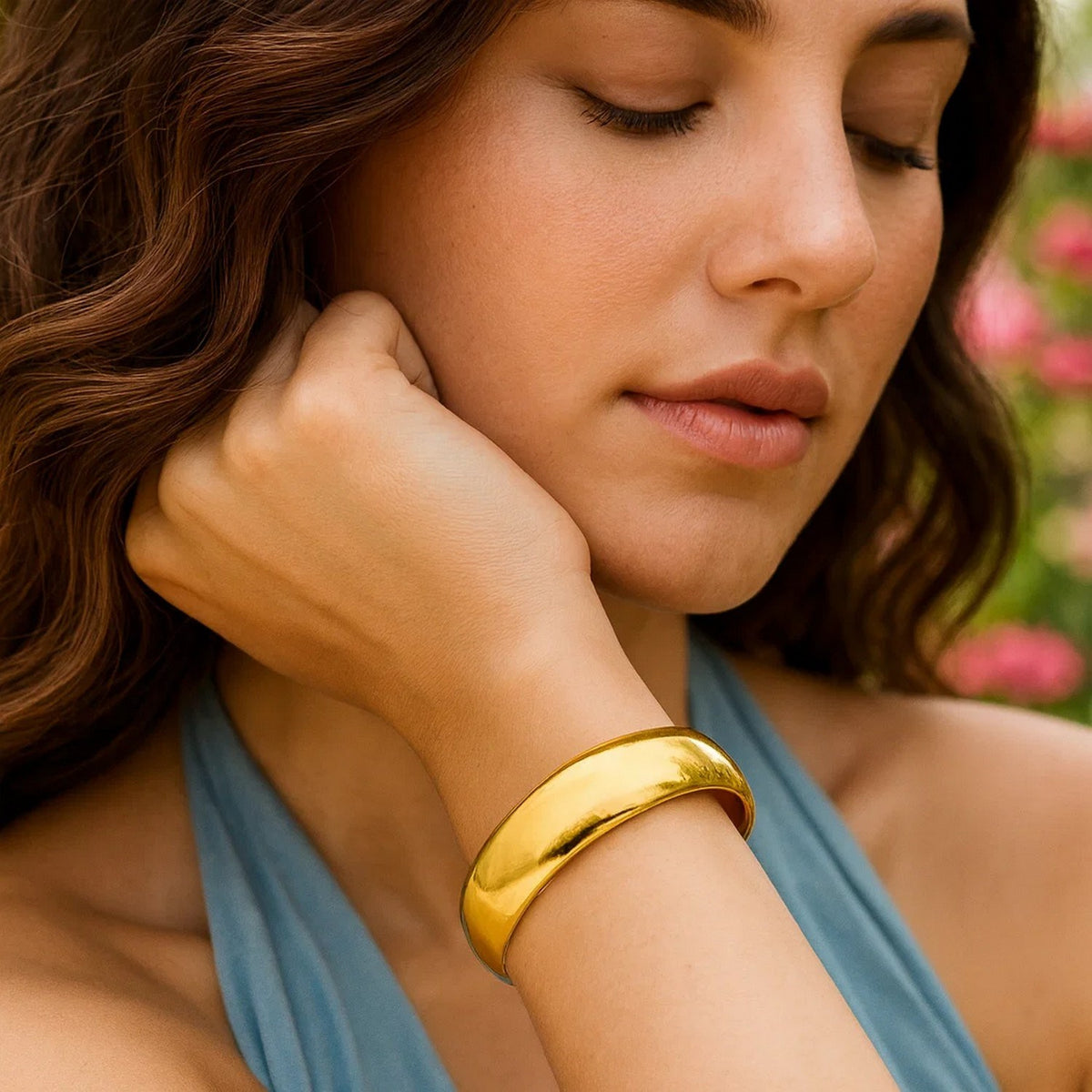 Sterling Silver Gold Plated Domed Classic Bangle (18.50 mm)