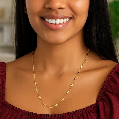 14K Yellow Gold Long Diamond Shape Station Mirror Chain Necklace