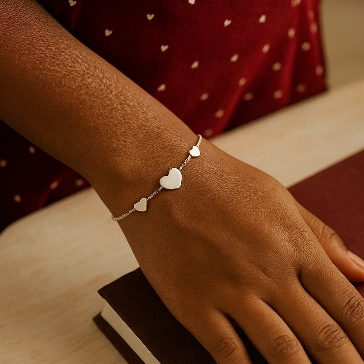 Sterling Silver Rhodium Plated Hearts Station Bracelet